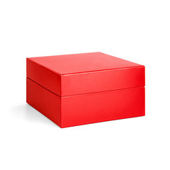 Blank Red cardboard paper box with lid isolated on white background. Packaging template mockup collection. Stand-up Half side view package.