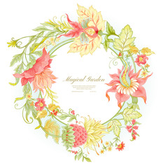 Fantasy flowers in retro, vintage, jacobean embroidery style. Pattern, background. Template for wedding invitation. Colored vector illustration