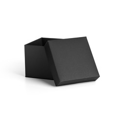 Small black jewelry paper box with lid isolated on white background. Packaging template mockup collection. Half Side view package