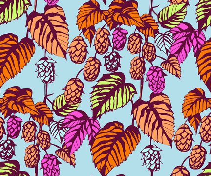 Hand drawn hop branch decorative background. Ethnic seamless pattern ornament. Vector pattern