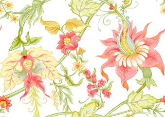 Fantasy flowers in retro, vintage, jacobean embroidery style. Pattern, background. Template for wedding invitation. Colored vector illustration