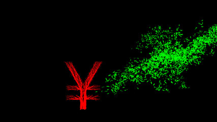 Growing Tree in a shape of a yen sign. 3D rendering.