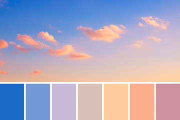 Color matching palette from from panoramic image of romantic colorful sunset with pink and orange fluffy clouds on blue and purple sky, natural color scheme