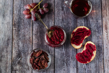 Natural, homemade beetroot jam, with vanilla and sugar. Healthy food, vegetarianism.