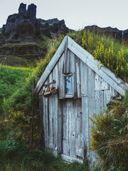 Wooden housesin Nupstadur in Iceland with grass covered roof