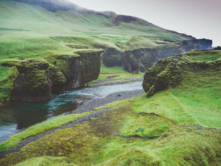 Fjadrargljufur canyon in Iceland with moody weather