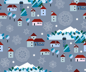 Seamless pattern with snowflakes and winter houses pattern and ornamental decorative background. Vector pattern. Print for textile, cloth, wallpaper, scrapbooking