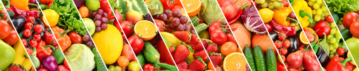 Seamless horizontal pattern multi-colored vegetables and fruits separated sloping vertical lines.