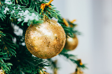 Christmas background. Green fir tree with golden balls. - 300414763