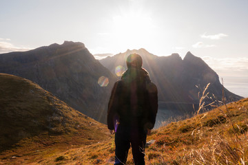 A man success hiking  on top of the mountain in summer, People traveling concept