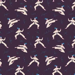 Vector seamless pattern with funny karate girls wearing kimonos. European female character. Fight, sport, feminism. Isolated objects, dark background.