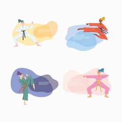 Set of flat vector illustration of a fighting girl with place for your text. Female characters of different nationalities. Template for landing page, poster, banner. Karate poses, sport, feminism.