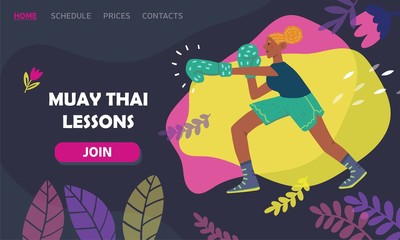 Flat vector illustration of a boxing girl with floral elements. Muay thai lessons. Female character. Template for a landing page, poster, banner. Fight, sport, feminism.