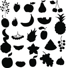 set of black different fruits isilated on white background
