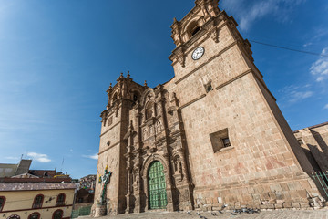 Panoramic view of the Cathedral of Puno at a sunny day in Peru