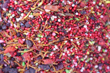 Selective Focus on Multi Colored Mint Flavored Sweet Indian Sauf Fennel Seeds Or Collins Used as After Mint Or Mouth Freshener Full Screen