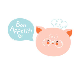 Cute happy smiling pig chef with speech bubble
