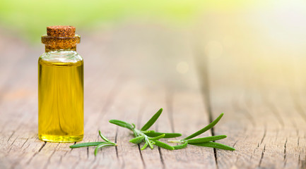 Essential herb oil in a small bottle, web banner with copy space - obrazy, fototapety, plakaty