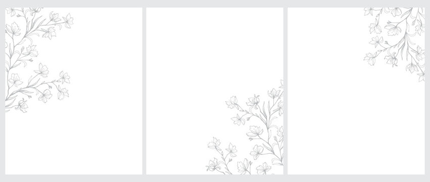 Set of 3 Blooming Tree Twigs Vector Illustration. Gray Tree Branches with Flowers Isolated on a White Background. Simple Elegant Wedding Cards. Floral Hand Drawn Arts. Illustration Without Text.