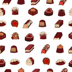 Pattern of different chocolate candies isolated on white.For design of packing of desserts,for restaurant or cafe menu