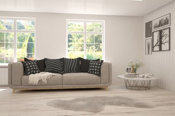 Stylish room in white color with sofa and summer landscape in window. Scandinavian interior design. 3D illustration