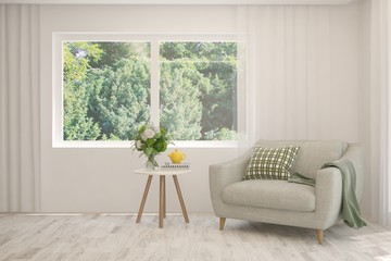 Stylish room in white color with armchair. Scandinavian interior design. 3D illustration