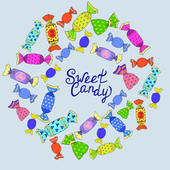 Set of different sweet candies with lettering isolated on colored background.Design for cafe or resaurant menu.