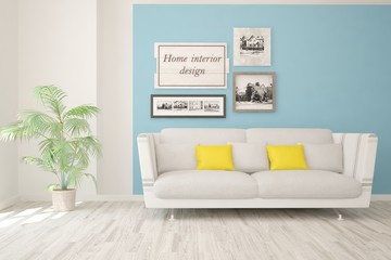 Stylish colorful room with sofa. Scandinavian interior design. 3D illustration