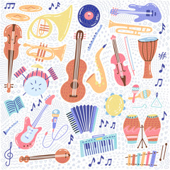 Big Music set musical instrument and symbols icons collections. Cartoon sound concept elements. Music notes with Piano, Guitar, Violin, Trumpet, Drum, Saxophone and Harp. Hand drawn doodle Vector - obrazy, fototapety, plakaty