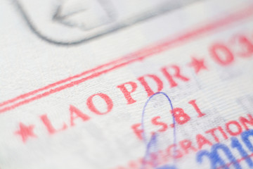 Close up of Laotian country entrance stamp in passport