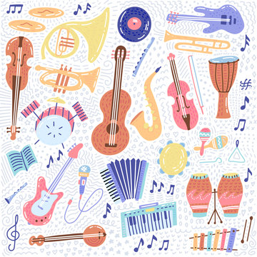 Big Music set musical instrument and symbols icons collections. Cartoon sound concept elements. Music notes with Piano, Guitar, Violin, Trumpet, Drum, Saxophone and Harp. Hand drawn doodle Vector