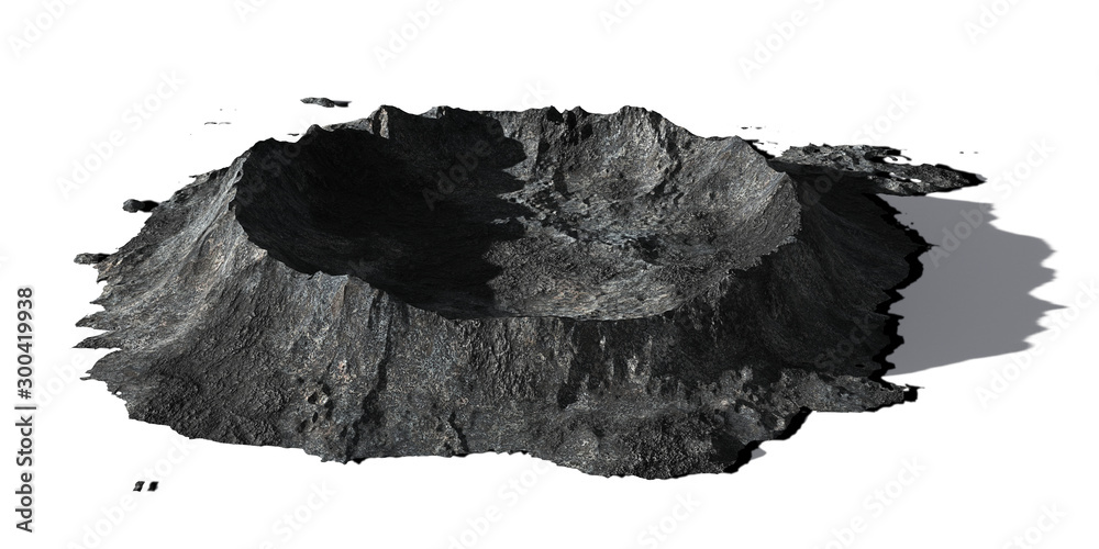 Wall mural crater on the surface of the moon, terrain model isolated with shadow on white background