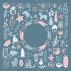 Christmas background with xmas gifts, caps, hats and other elements. Vector template for greeting card with place for text. Winter frame isolated