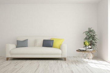 Stylish room in white color with sofa. Scandinavian interior design. 3D illustration