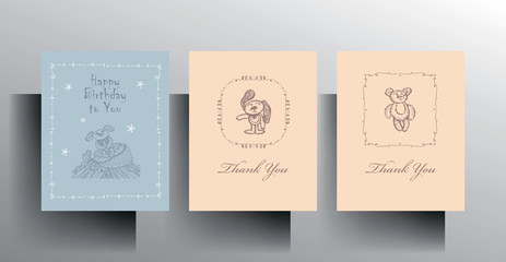Set of greeting card templates. Design in pastel colors with a hand-drawn character. Vector 10 EPS.