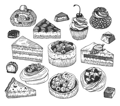 Vector ink sketch of desserts. Hand drawn collection of cakes, tarts, meringues and candies isolated on a white.