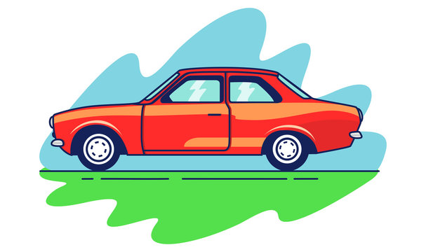 American 70s cartoon muscle car. Vector red retro styled car illustration.
