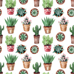 Watercolor background drawing Collection Of cacti in pots