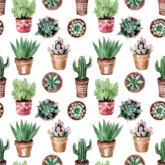 Afwasbaar behang Aquarel achtergrond tekening Collectie van cactussen in potten © Ellivelli