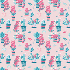 Seamless pattern with Cute hand drawn cats in different poses with plant pots. flat doodle Scandinavian cartoon character. Cozy print design pink blue kittens.Naughty Kitty damaged home flowers