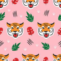 Tiger face and tropical leafs seamless pattern