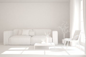 Mock up of stylish room in white color with sofa. Scandinavian interior design. 3D illustration