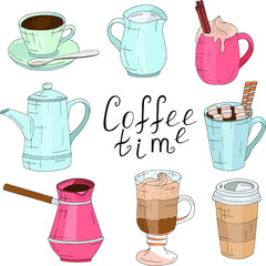 set of coffee cups and glasses and crockery for making coffee