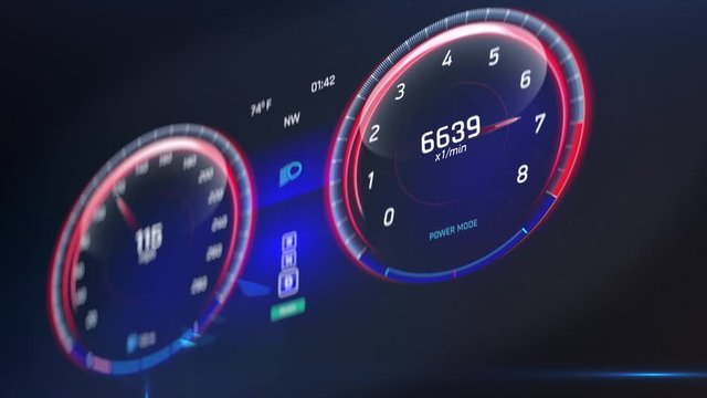 Racing car dashboard, speed and engine power monitoring, extremely fast driving. Racing car speedometer