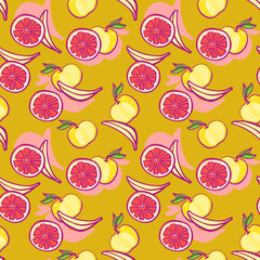 Fruits seamless pattern. Vector apples, oranges and bananas illustration on mustard color background. Background design element.