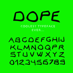 Hand drawn funny comic font. Good mood and  party inspired this font. Textured unique brush in alphabet style. Letters and numbers. Vector illustration