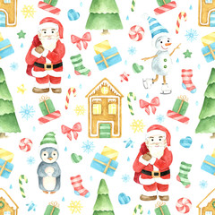 Fototapeta premium Seamless winter pattern. Christmas watercolor background. Hand drawn Santa Claus, snowman, penguin, gingerbread houses. Cartoon character. Isolated objects..