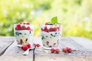 Natural yogurt with fresh raspberries, black currant and muesli.