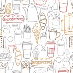 Hand drawn coffee shop food. Vector seamless pattern