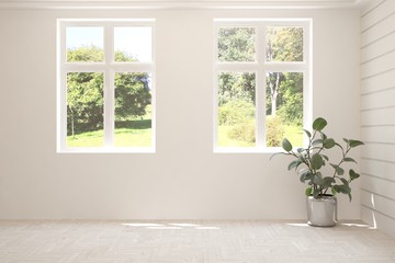 Stylish empty room in white color with summer landscape in window. Scandinavian interior design. 3D illustration
